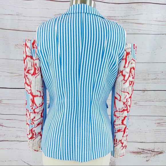 Alberto Makali open shoulder seersucker stripe blue white blazer - Picture 2 of 13